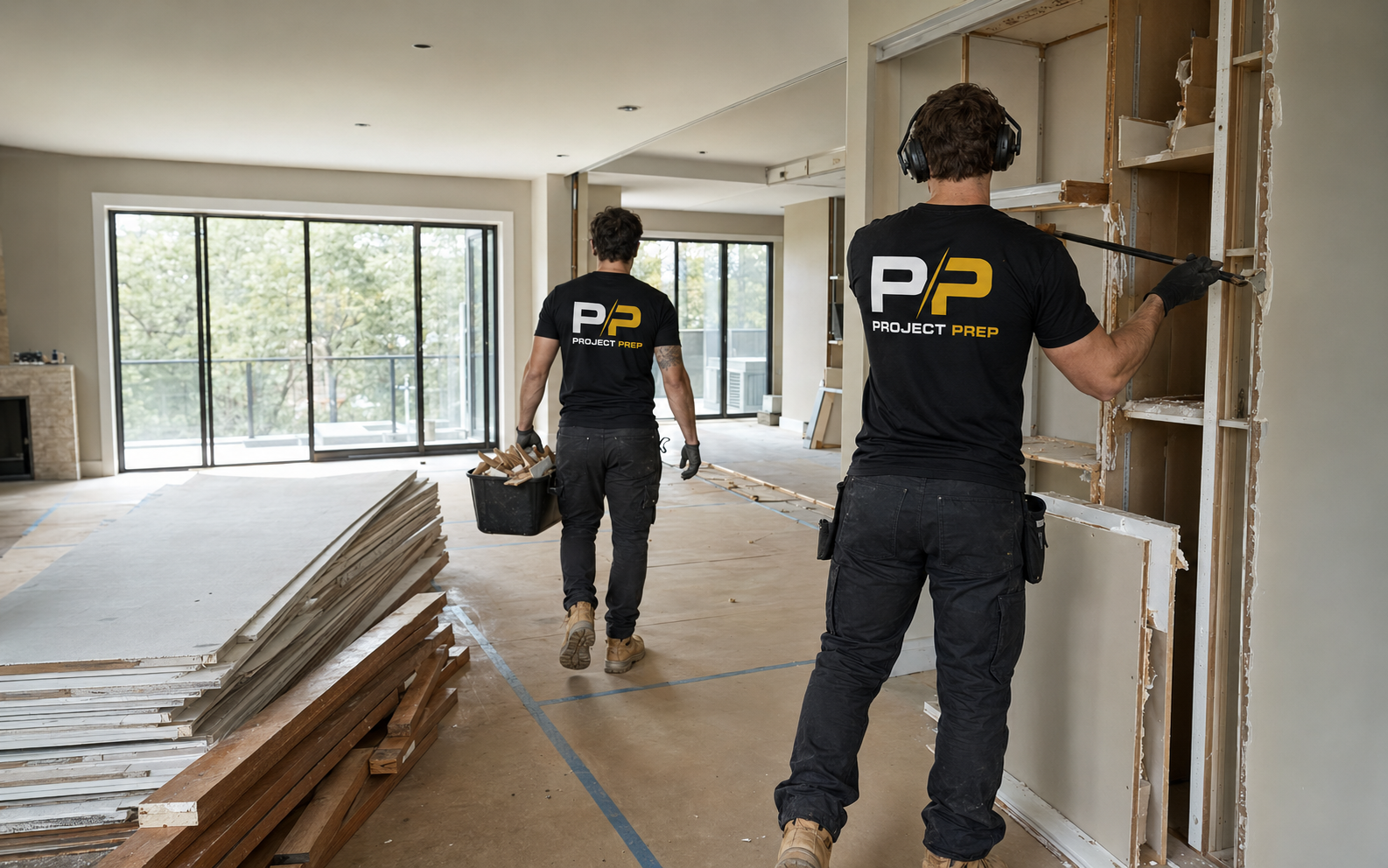 Project Prep crew completing an internal strip-out with faces turned away